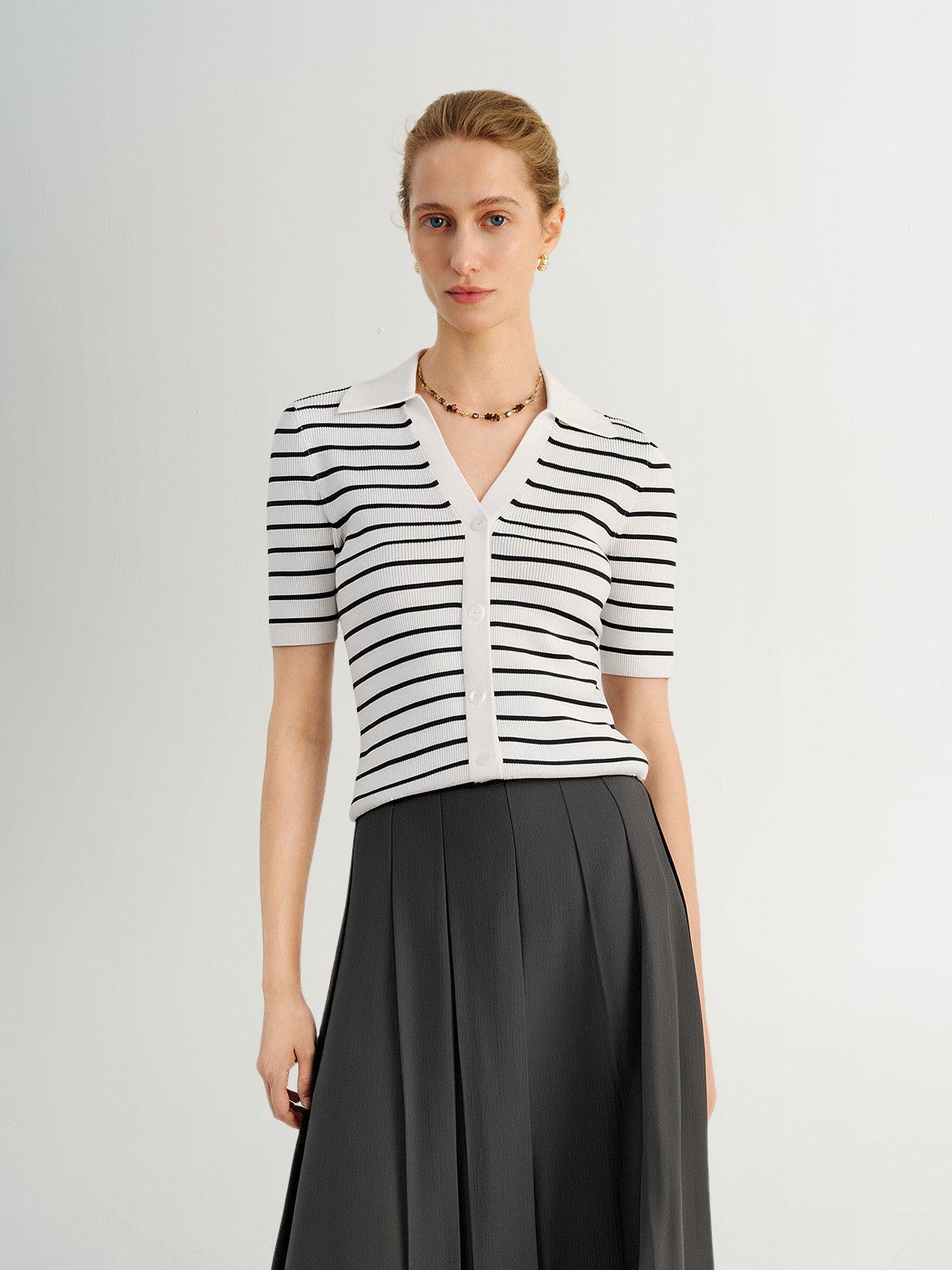 Striped Collared V‑Neck Top
