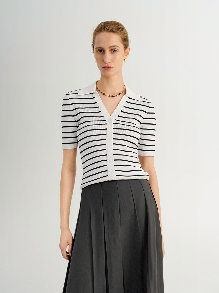Striped Collared V‑Neck Top