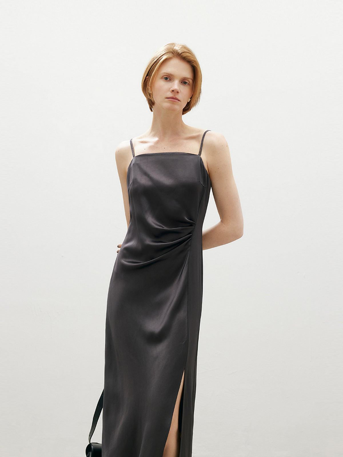 acetate satin dress Women's Dark Grey Draped Acetate Slip Dress XS