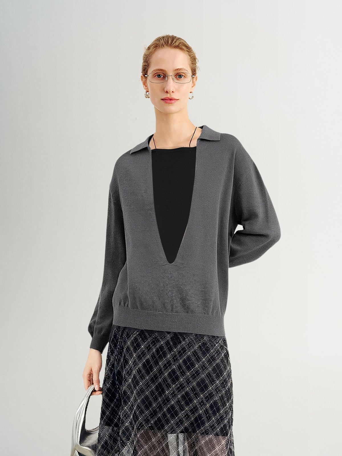Deep V-Collar Long-Sleeve Knit Top