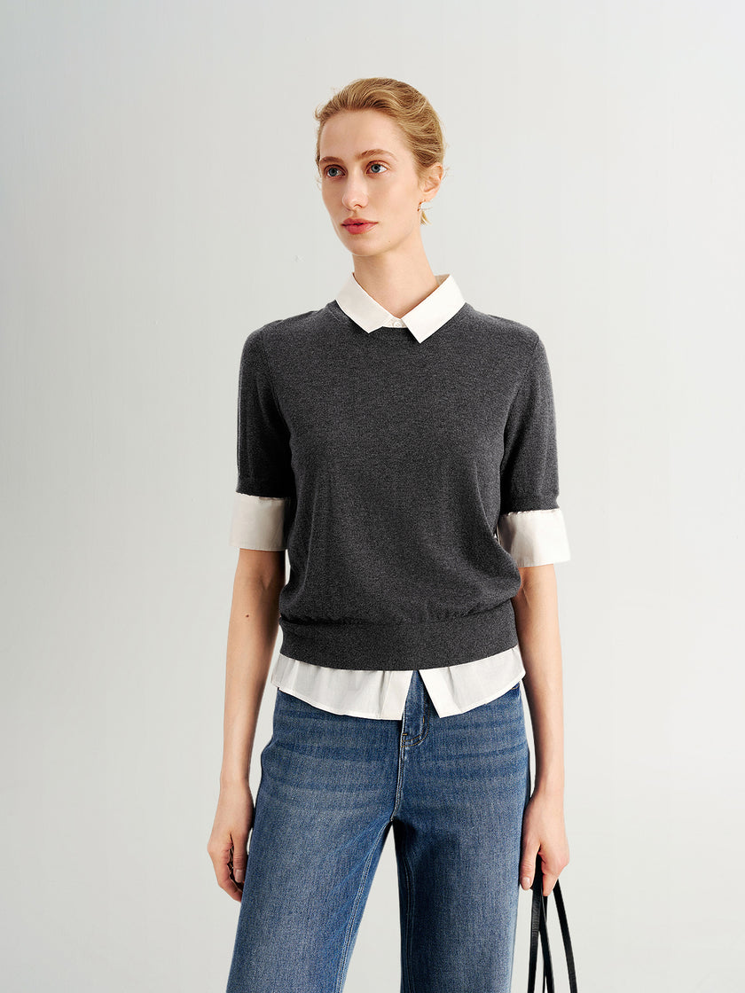 Short Sleeve Shirt Sweater Combo Faux Sweater