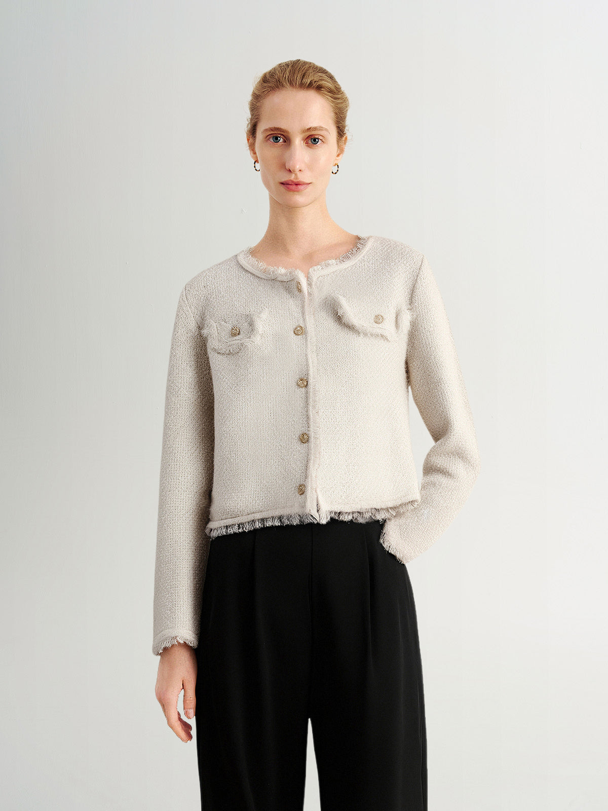 Metallic Thread Crewneck Knit Cardigan