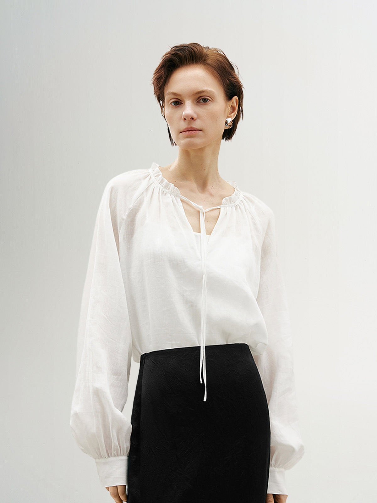 Tie Neck Natural Ramie Blouse Shirt