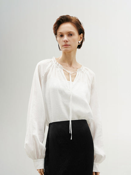Tie Neck Natural Ramie Blouse Shirt