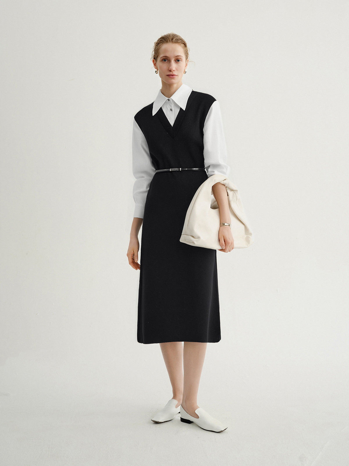 Wool Knit Vest Long Sleeve Shirt Dress