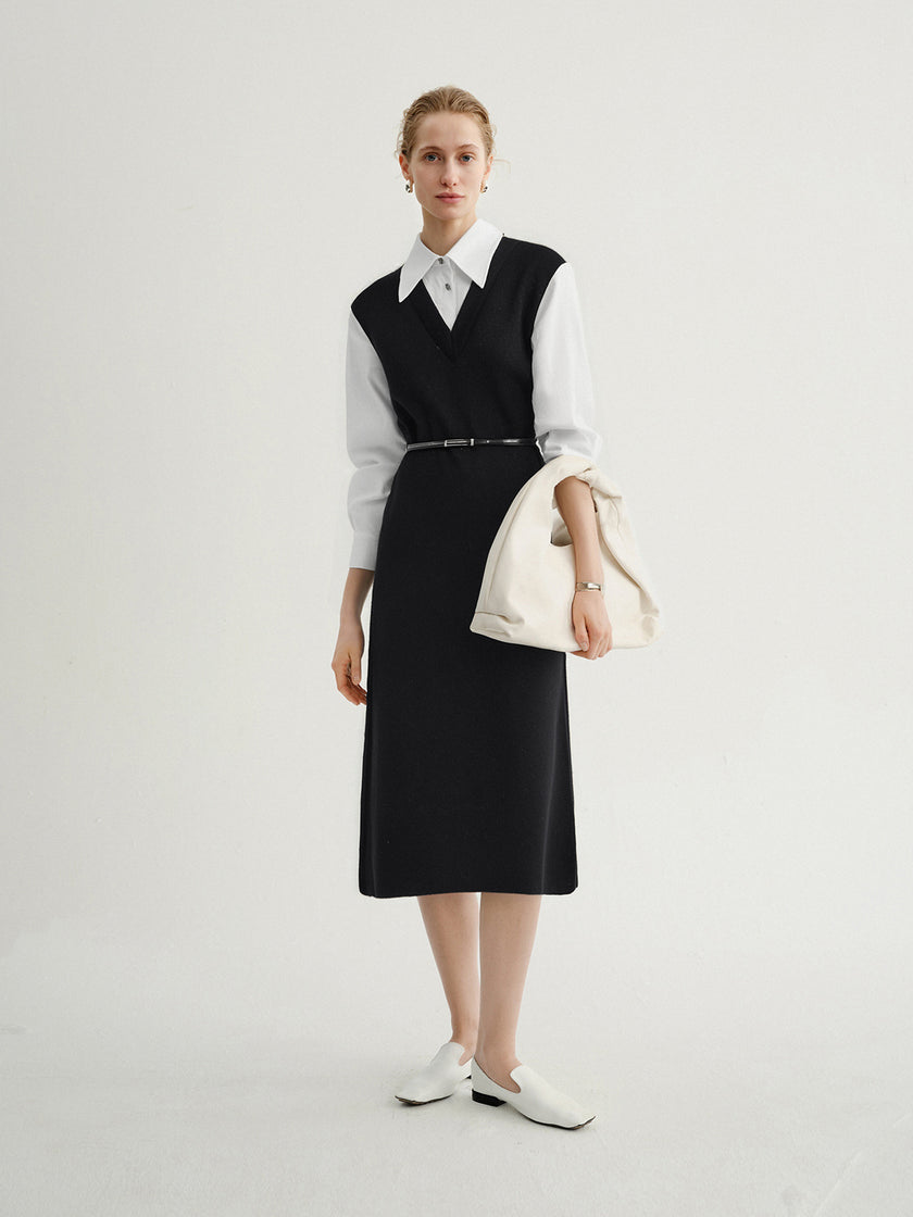 Wool Knit Vest Long Sleeve Shirt Dress