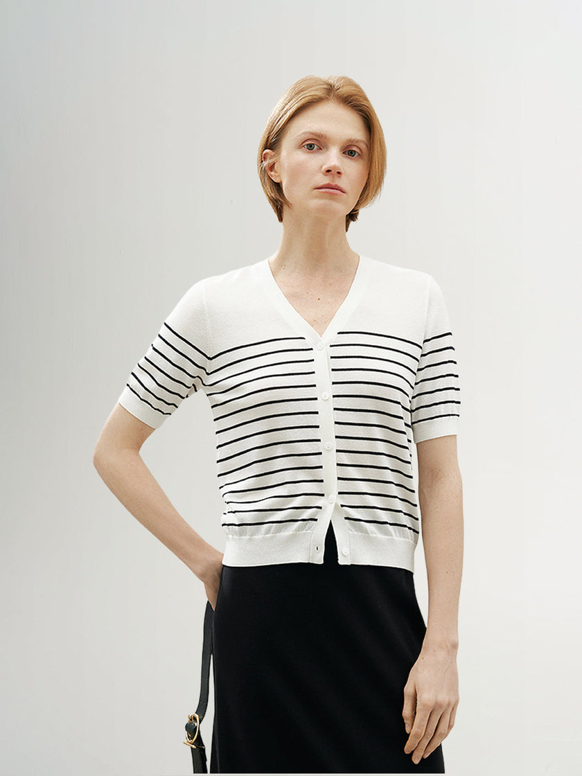Stripe V Neck Lyocell Knit Cardigan