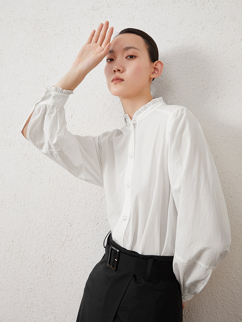 white blouse black dress Black Overlay Puff Sleeve White Shirt Dress
