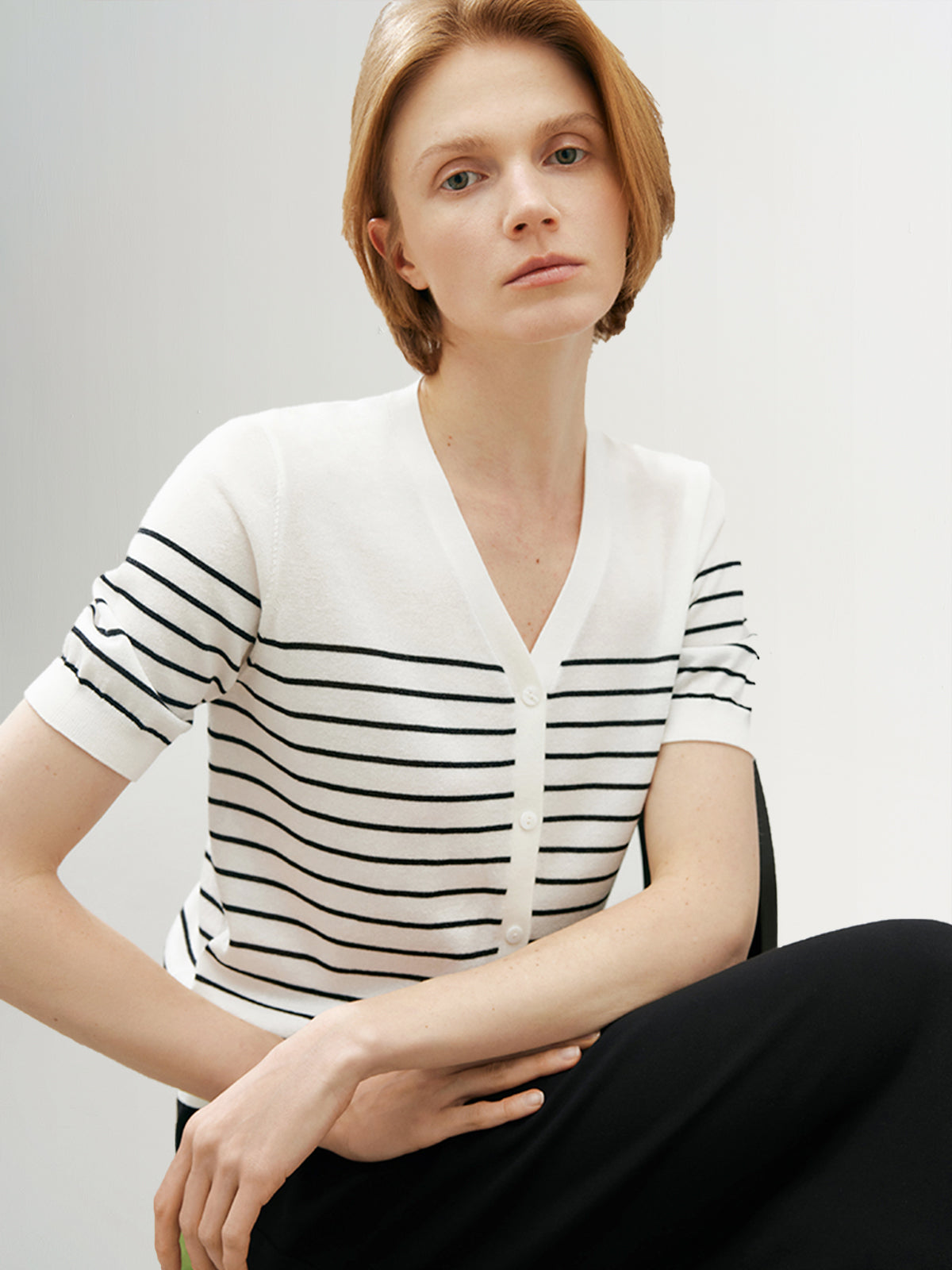 Stripe V Neck Lyocell Knit Cardigan