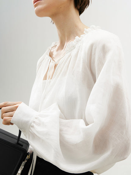 Tie Neck Natural Ramie Blouse Shirt