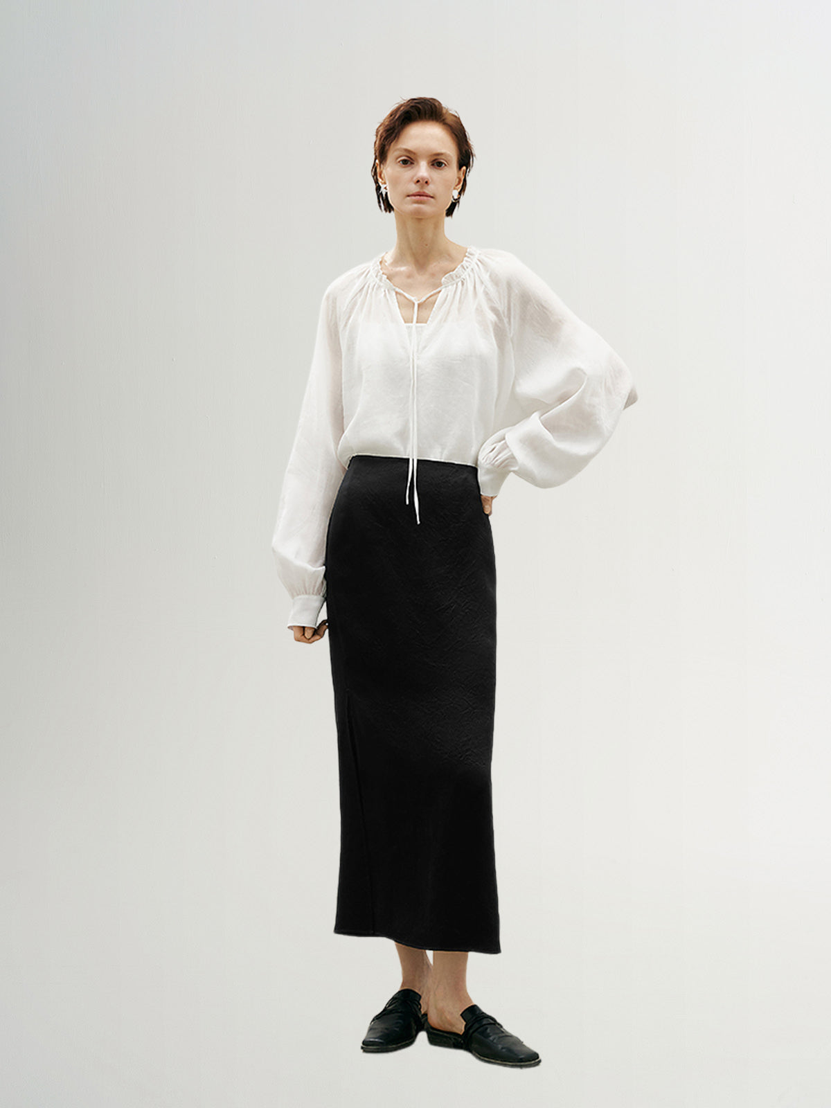 Tie Neck Natural Ramie Blouse Shirt