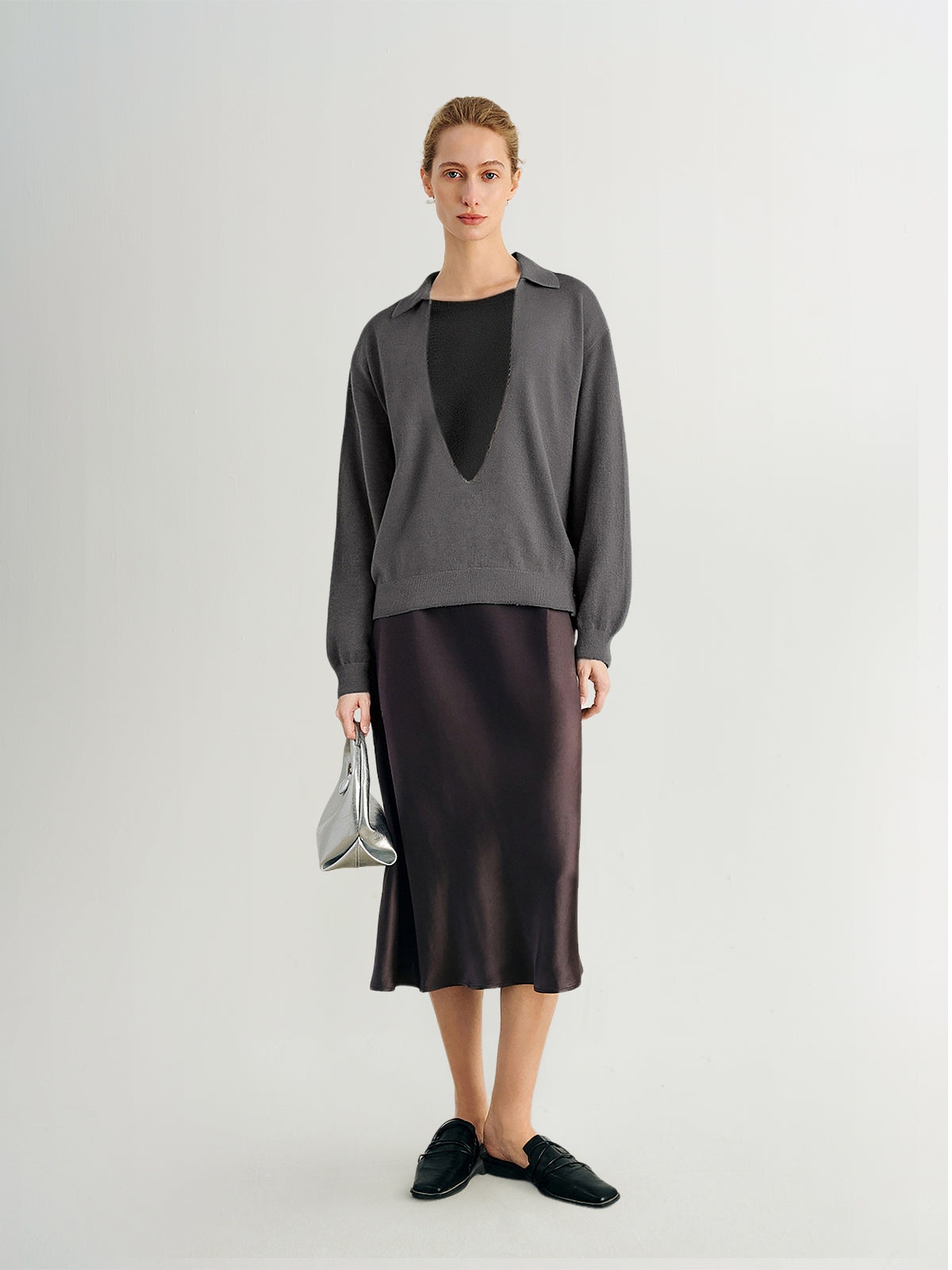 Deep V-Collar Long-Sleeve Knit Top