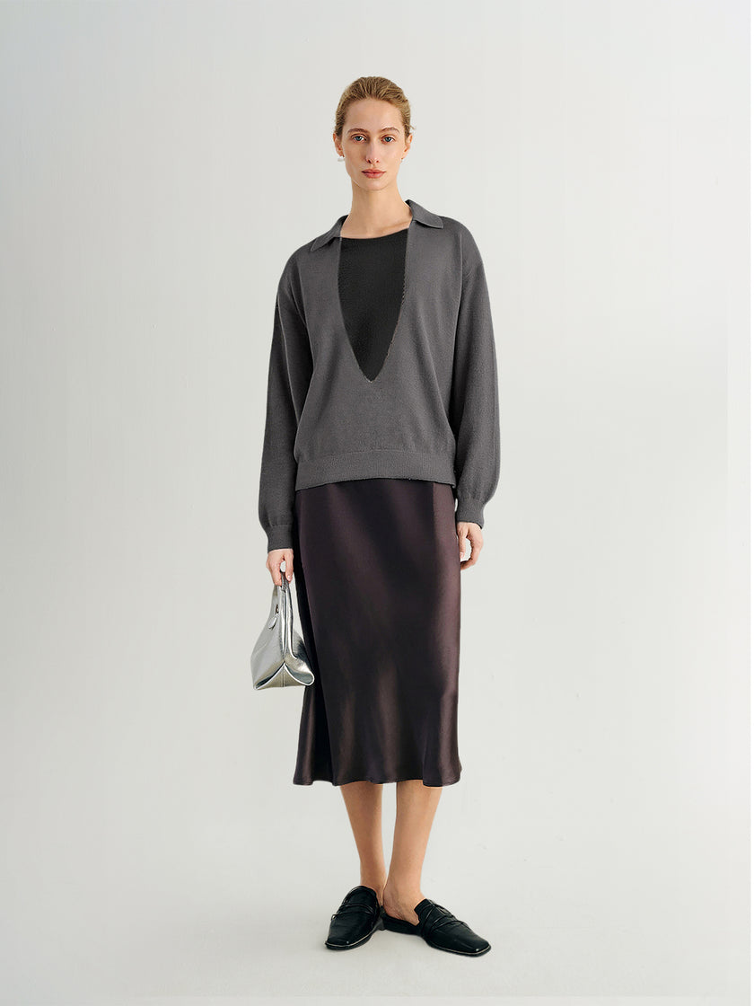Deep V-Collar Long-Sleeve Knit Top