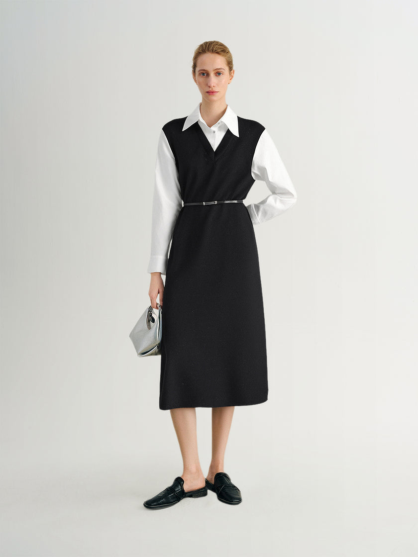 Wool Knit Vest Long Sleeve Shirt Dress