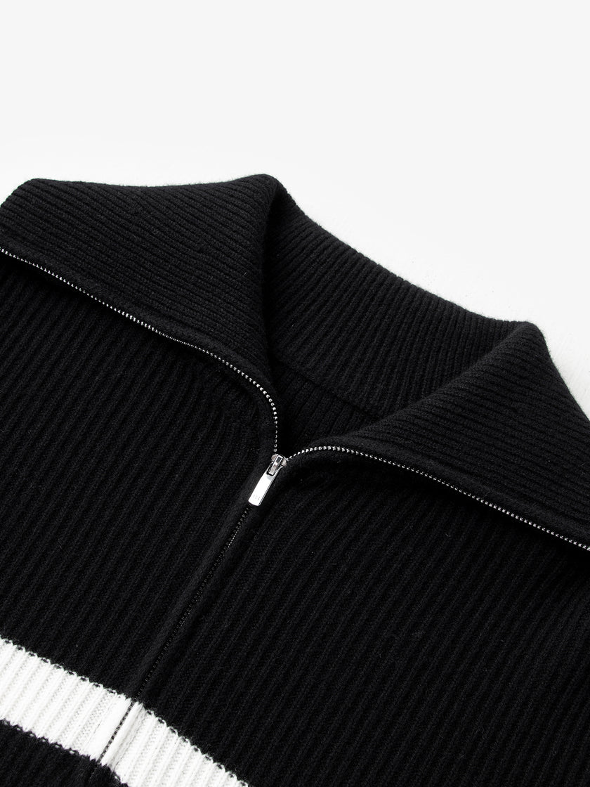 Striped Pure Wool Zipper Polo Sweater