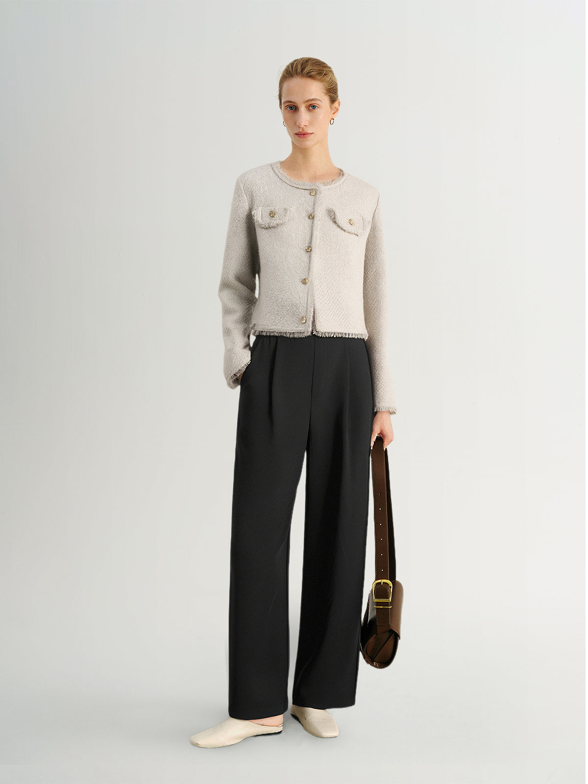 Metallic Thread Crewneck Knit Cardigan