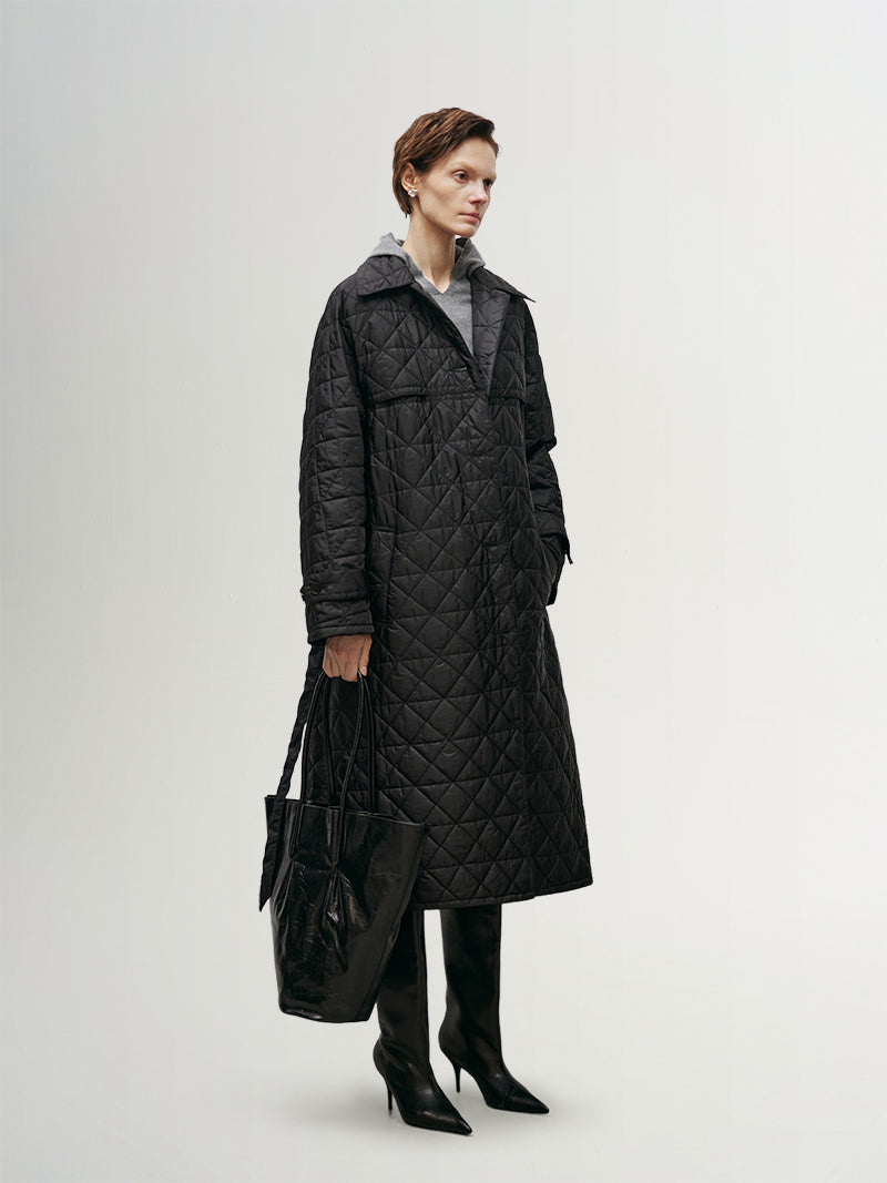 Lapel Collar Quilted Maxi Jacket
