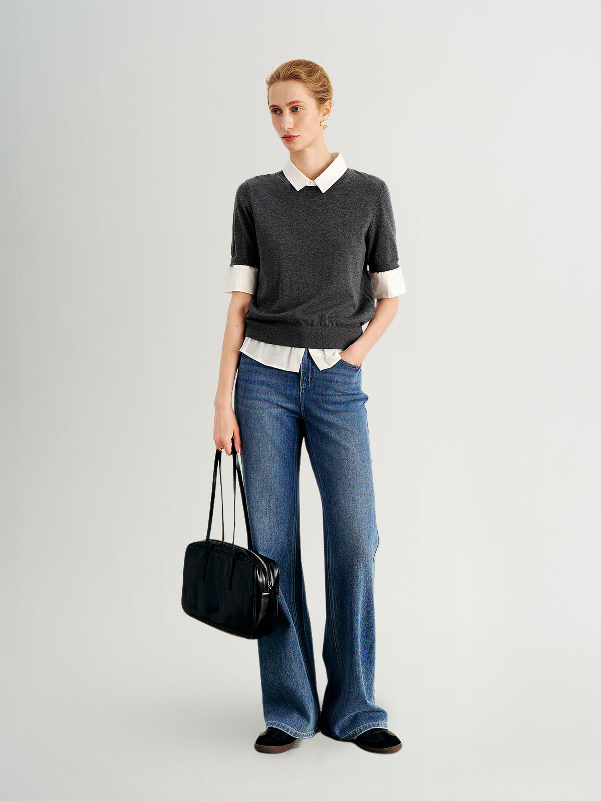 Short Sleeve Shirt Sweater Combo Faux Sweater