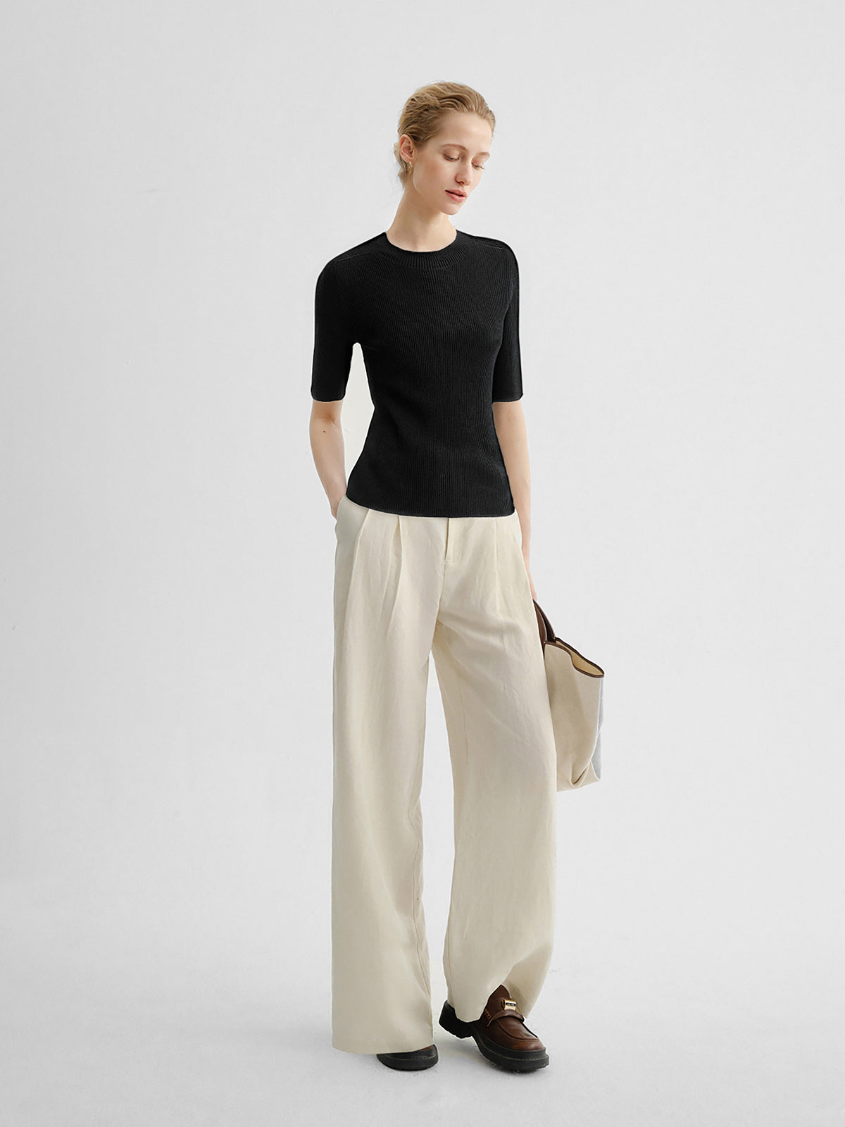 Black Short-Sleeve Pure Wool  Sweater