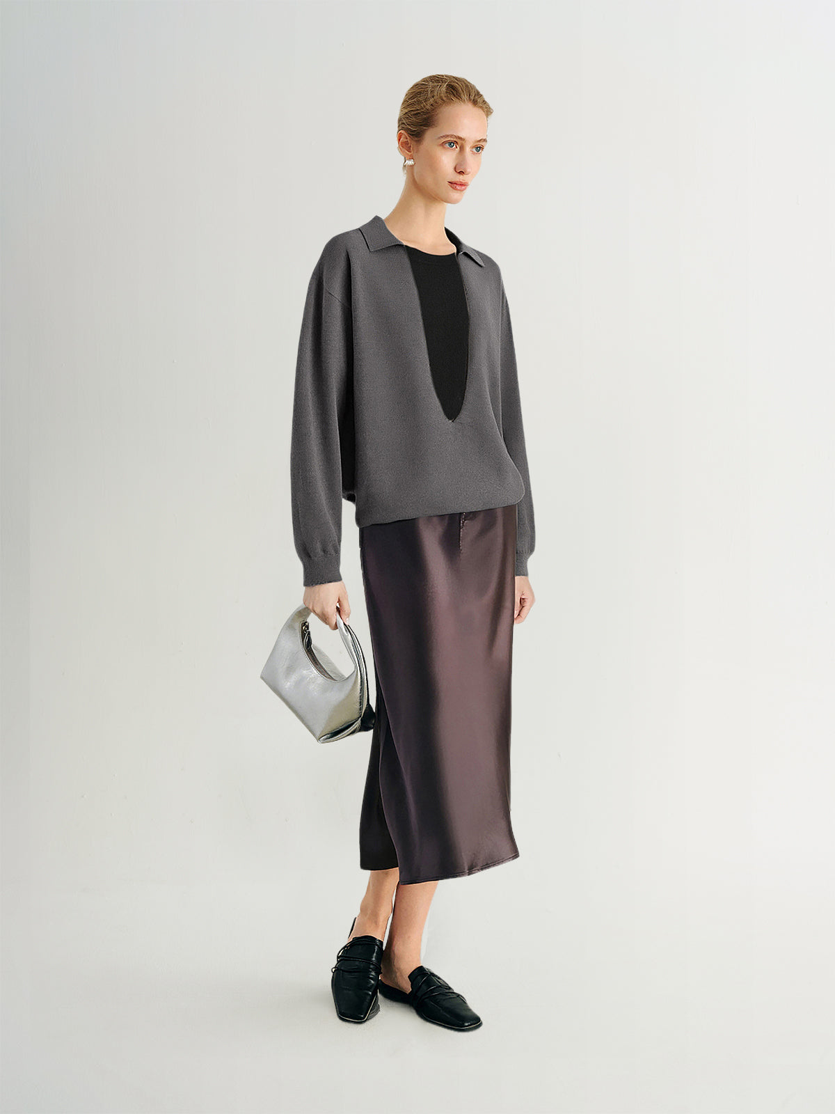 Deep V-Collar Long-Sleeve Knit Top