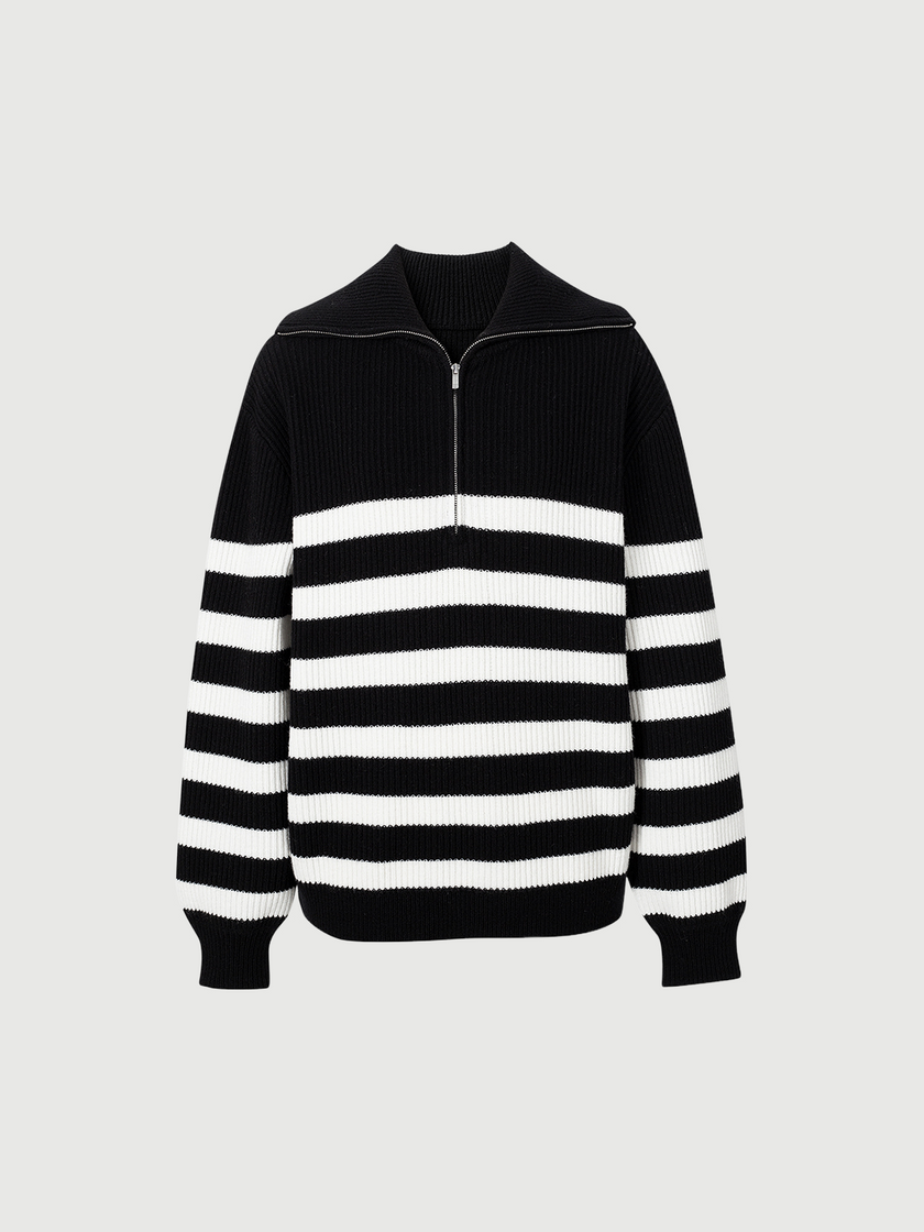 Striped Pure Wool Zipper Polo Sweater