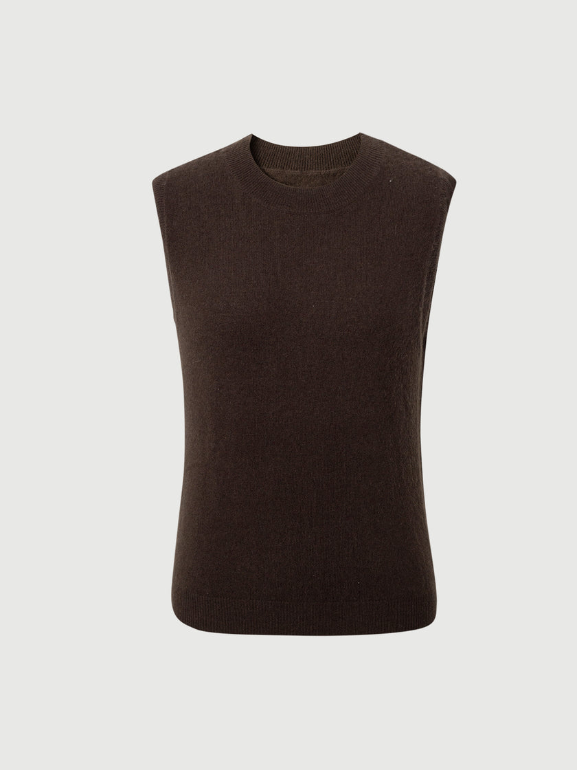 Brown sleeveless sweater on a light gray background