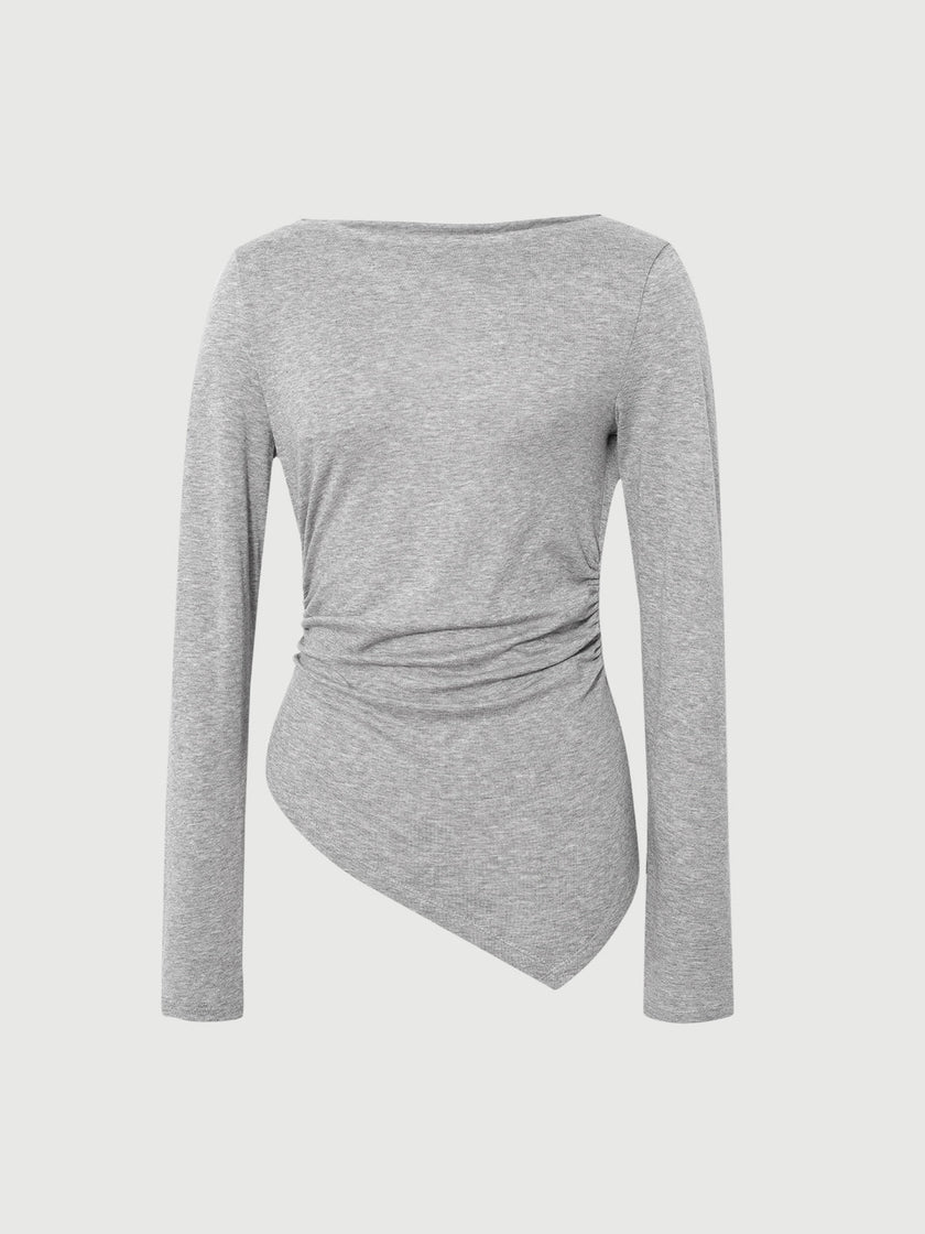 Gray Boat-Neck Fitted Top