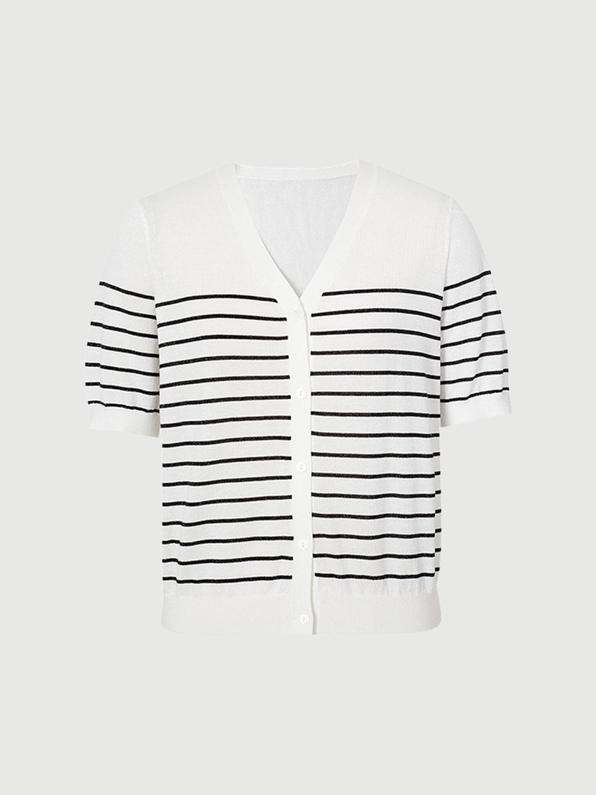 Stripe V Neck Lyocell Knit Cardigan