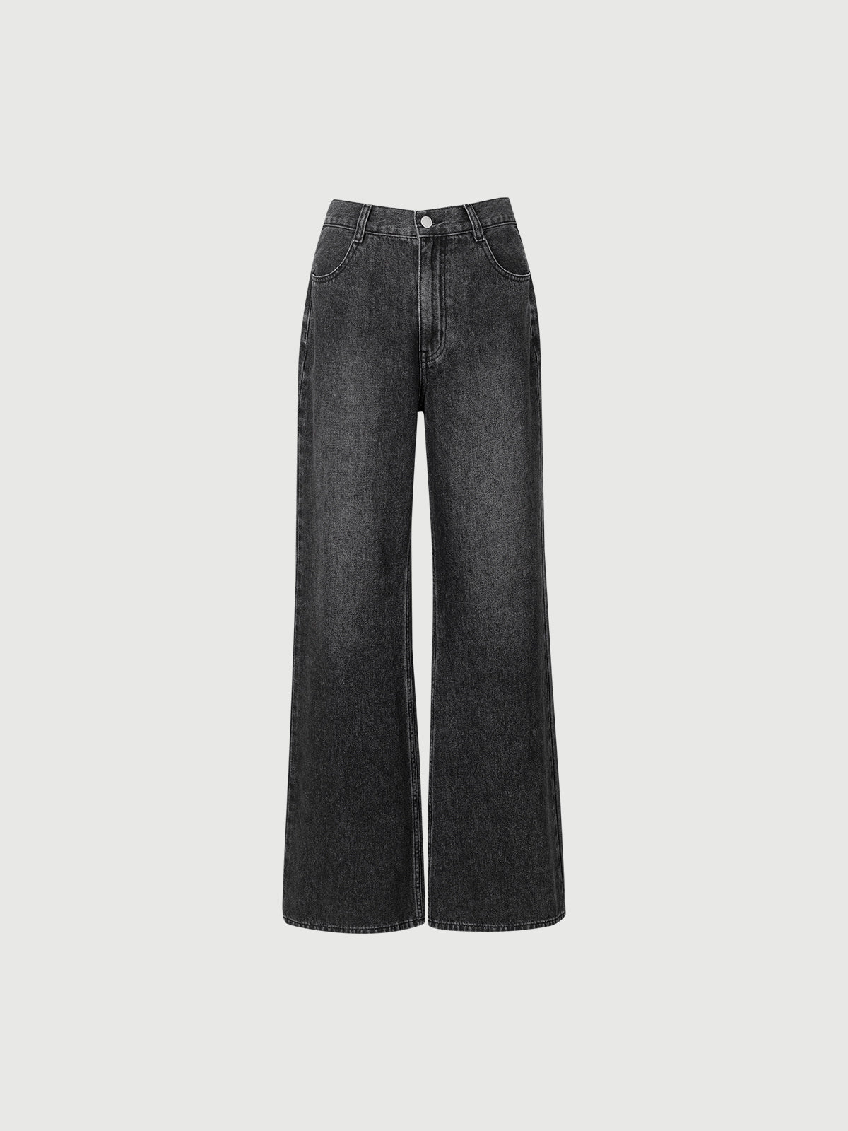 Black wide-leg jeans on a light gray background