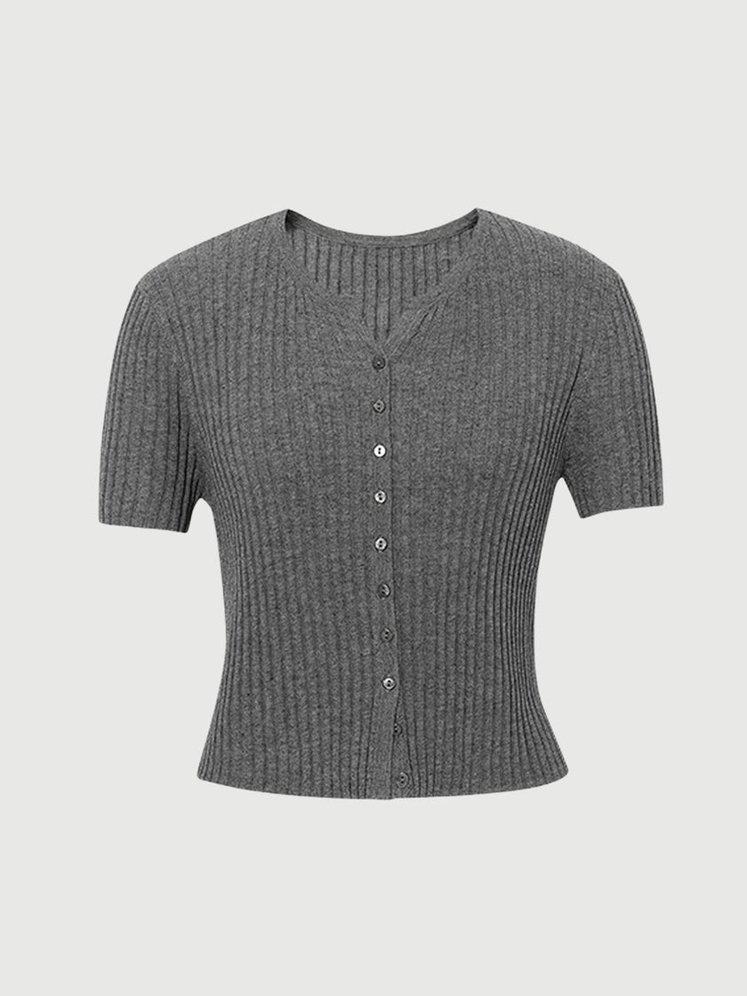 V Neck Short Sleeves Knitwear Top
