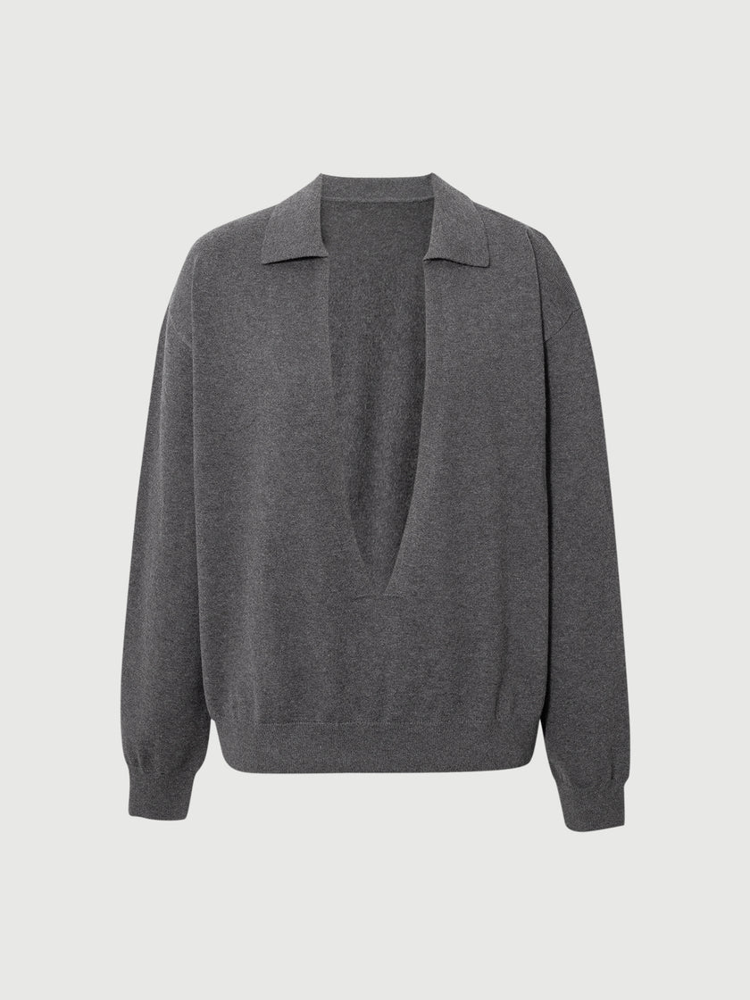 Deep V-Collar Long-Sleeve Knit Top