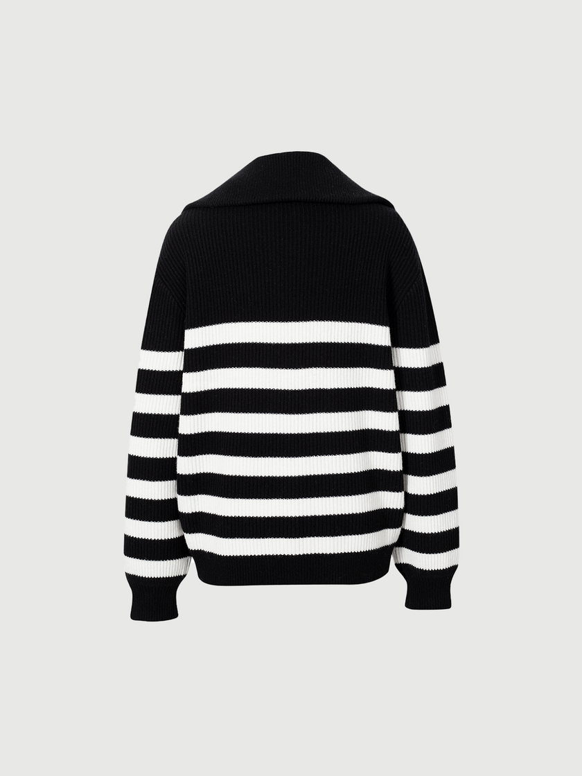 Striped Pure Wool Zipper Polo Sweater