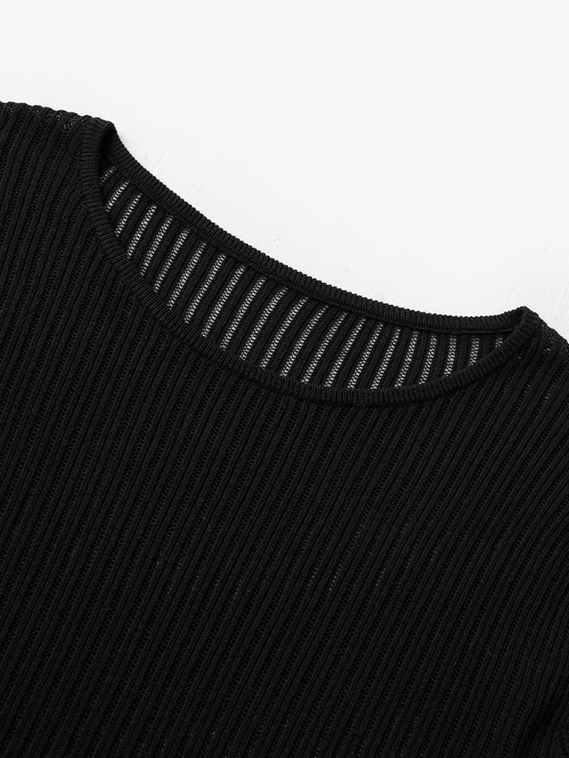 Close-up of a rib knit sweater showcasing the black fabric and relaxed crewneck design.