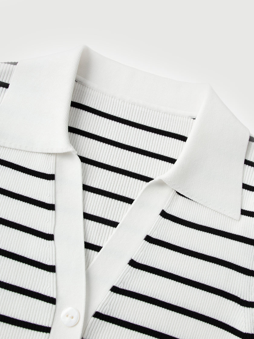 Striped Collared V‑Neck Top