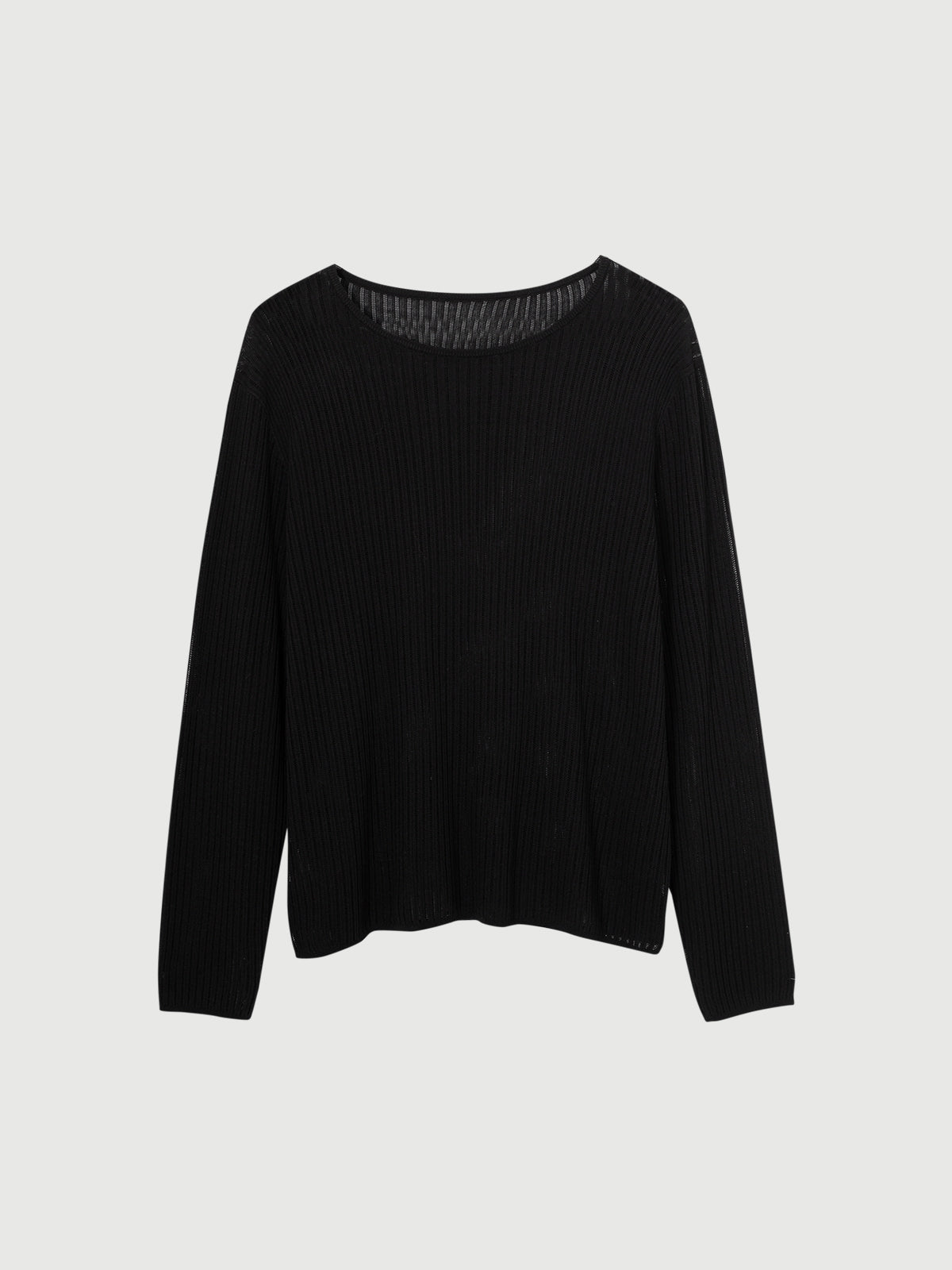 Rib knit sweater in black with relaxed crewneck and drop-shoulder design, perfect for comfort and layering.