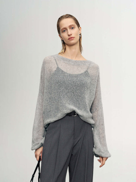 Cashmere-Silk Relaxed Pullover Sweater in light gray with dropped shoulders, perfect for versatile styling.