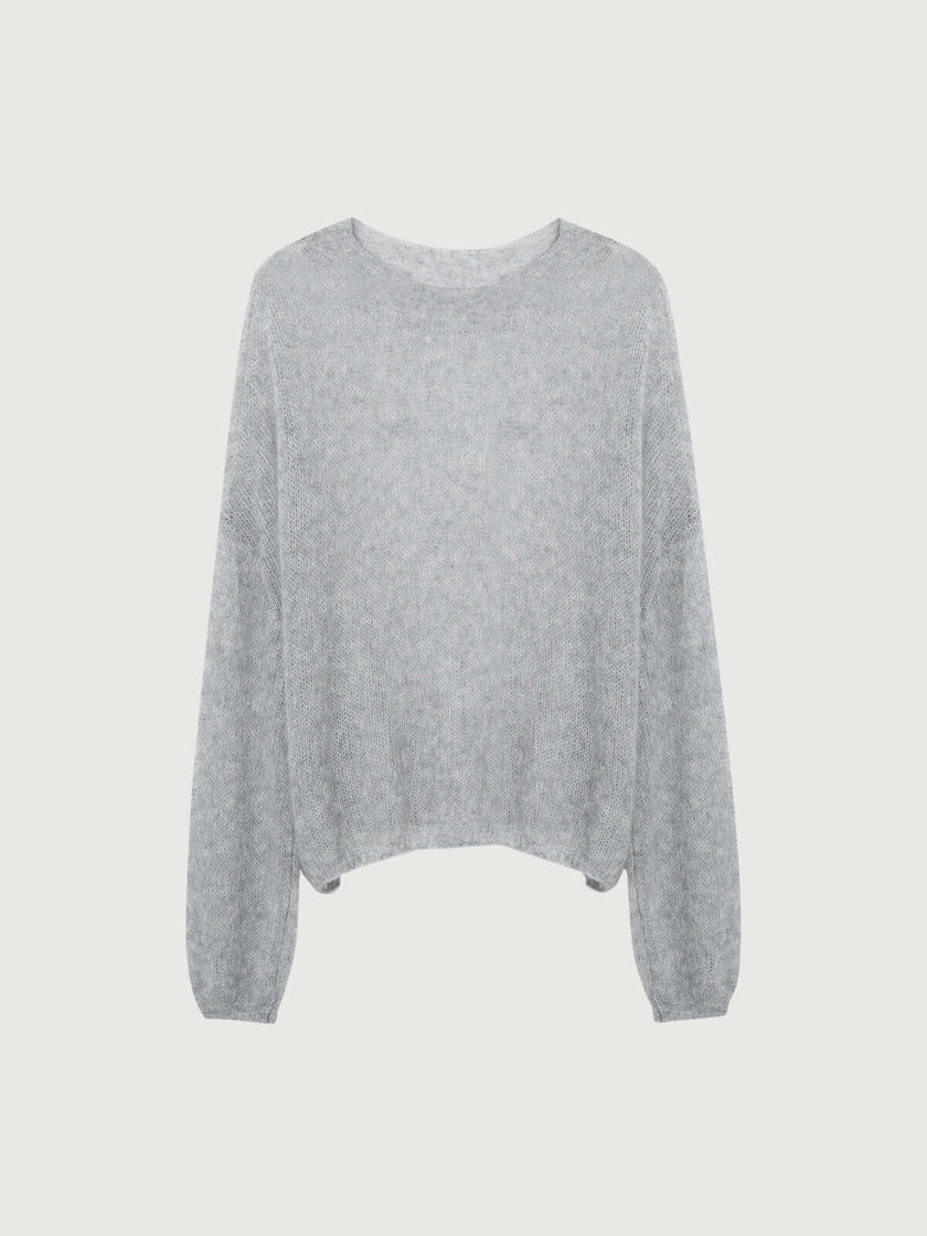Cashmere-Silk Relaxed Pullover Sweater in light gray, featuring a relaxed fit and dropped shoulders.