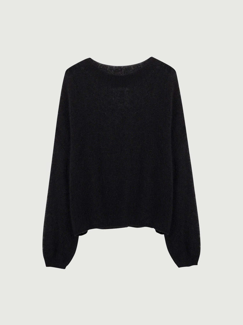 Cashmere-Silk Relaxed Pullover Sweater in black, featuring a soft blend of silk and cashmere with a relaxed fit.