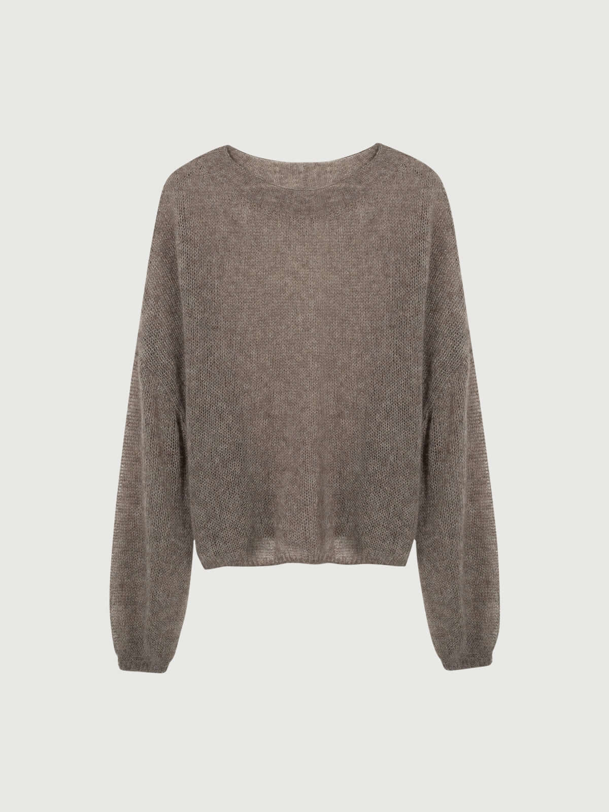 Cashmere-Silk Relaxed Pullover Sweater in light gray with dropped shoulders and a relaxed fit.