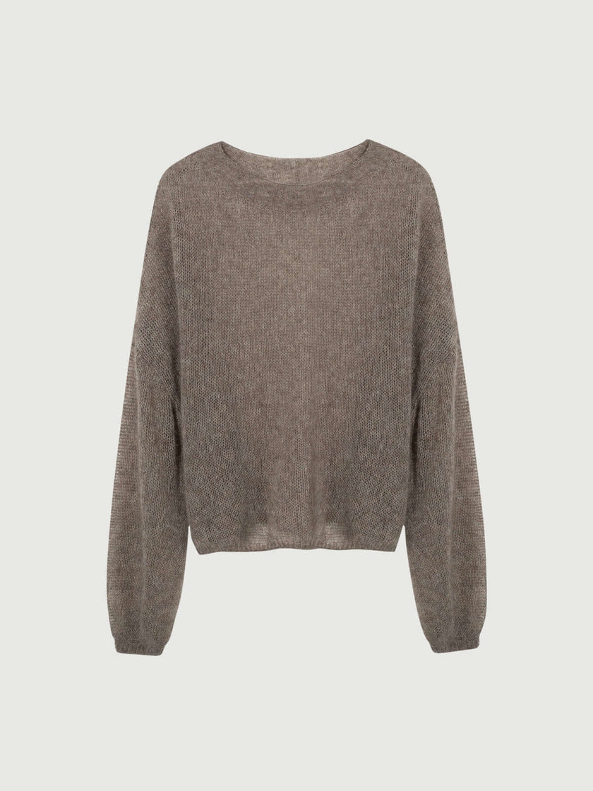 Cashmere-Silk Relaxed Pullover Sweater in light gray with dropped shoulders and a relaxed fit.