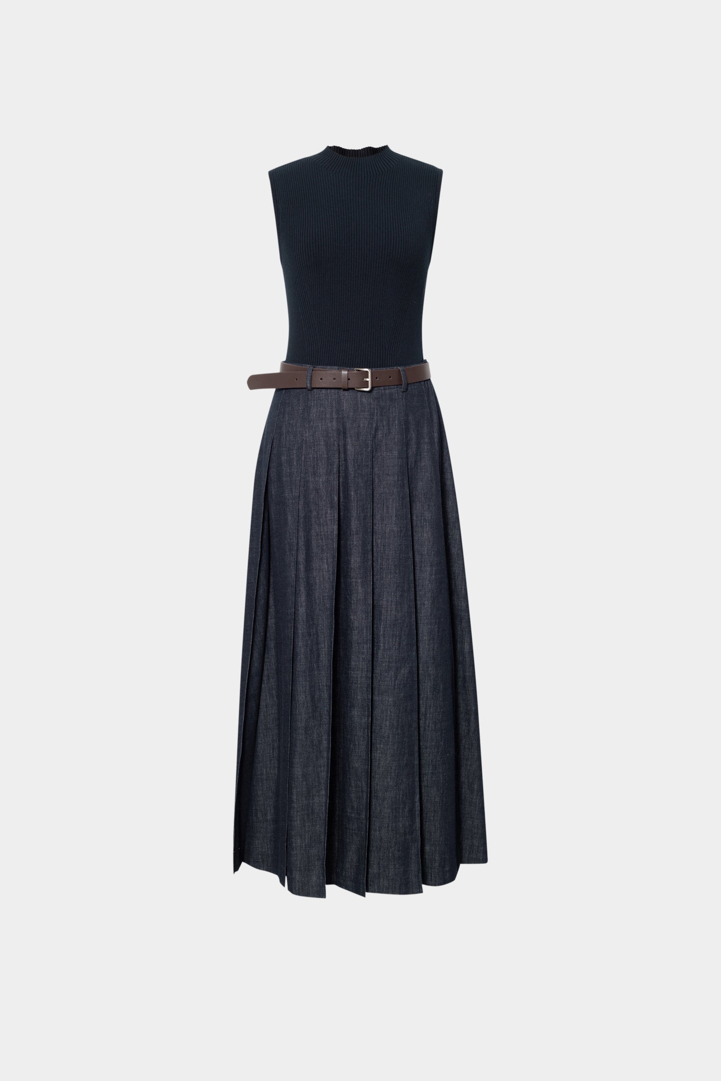 Mock-Neck Belted Denim Maxi Dress