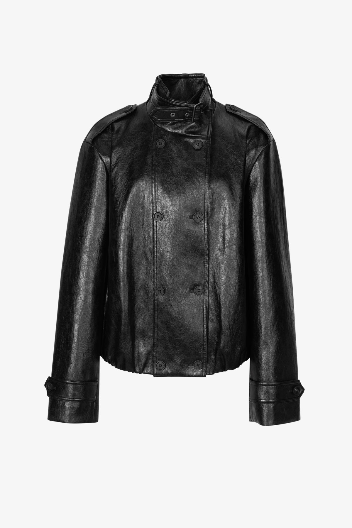 Cropped Stand-Collar Leather Jacket