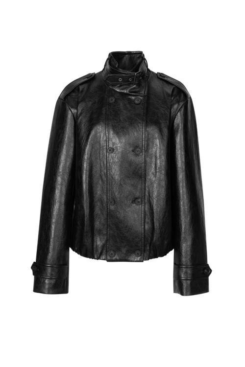 Load image 1 in gallery view. Cropped Stand-Collar Leather Jacket