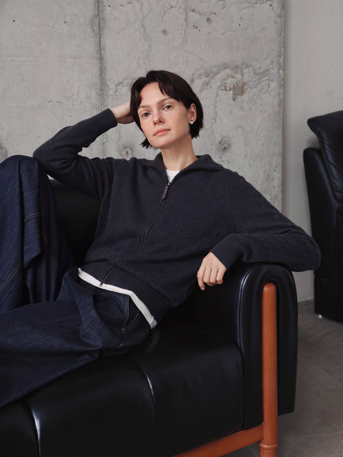 Load image 1 in gallery view. Cable-Sleeve Zip Cashmere Cardigan