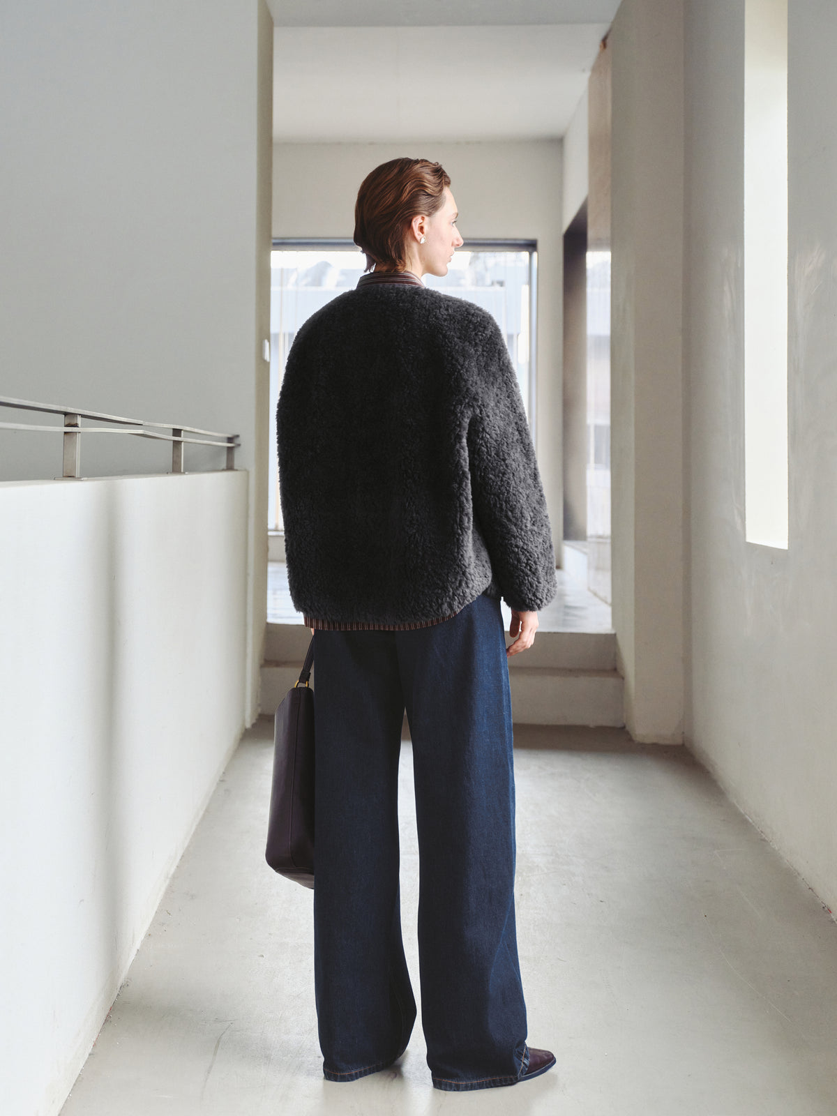 Pure Wool Shearling Jacket with Structured Collar