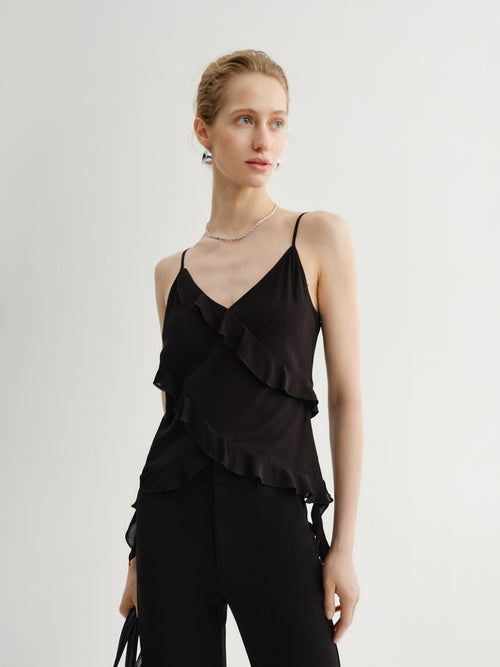 Load image 1 in gallery view. Black Fitted Ruffle Camisole