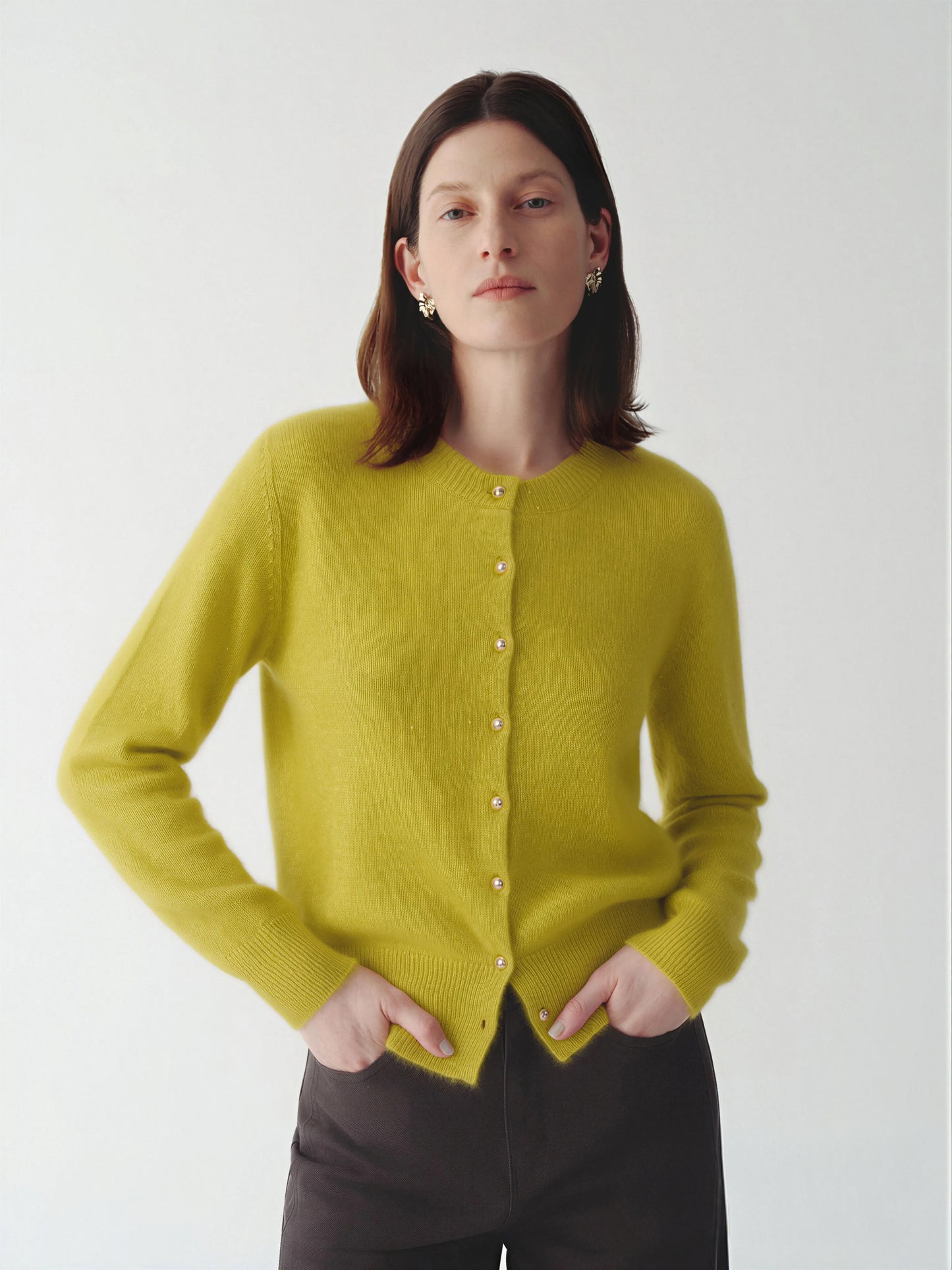 Cashmere-Silk Crewneck Knit Cardigan