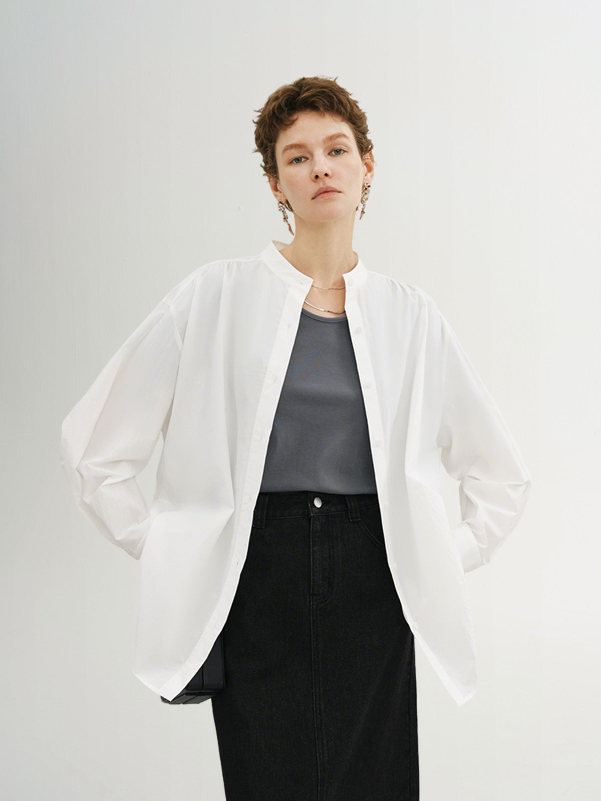 Stand Collar Cotton Long Shirt