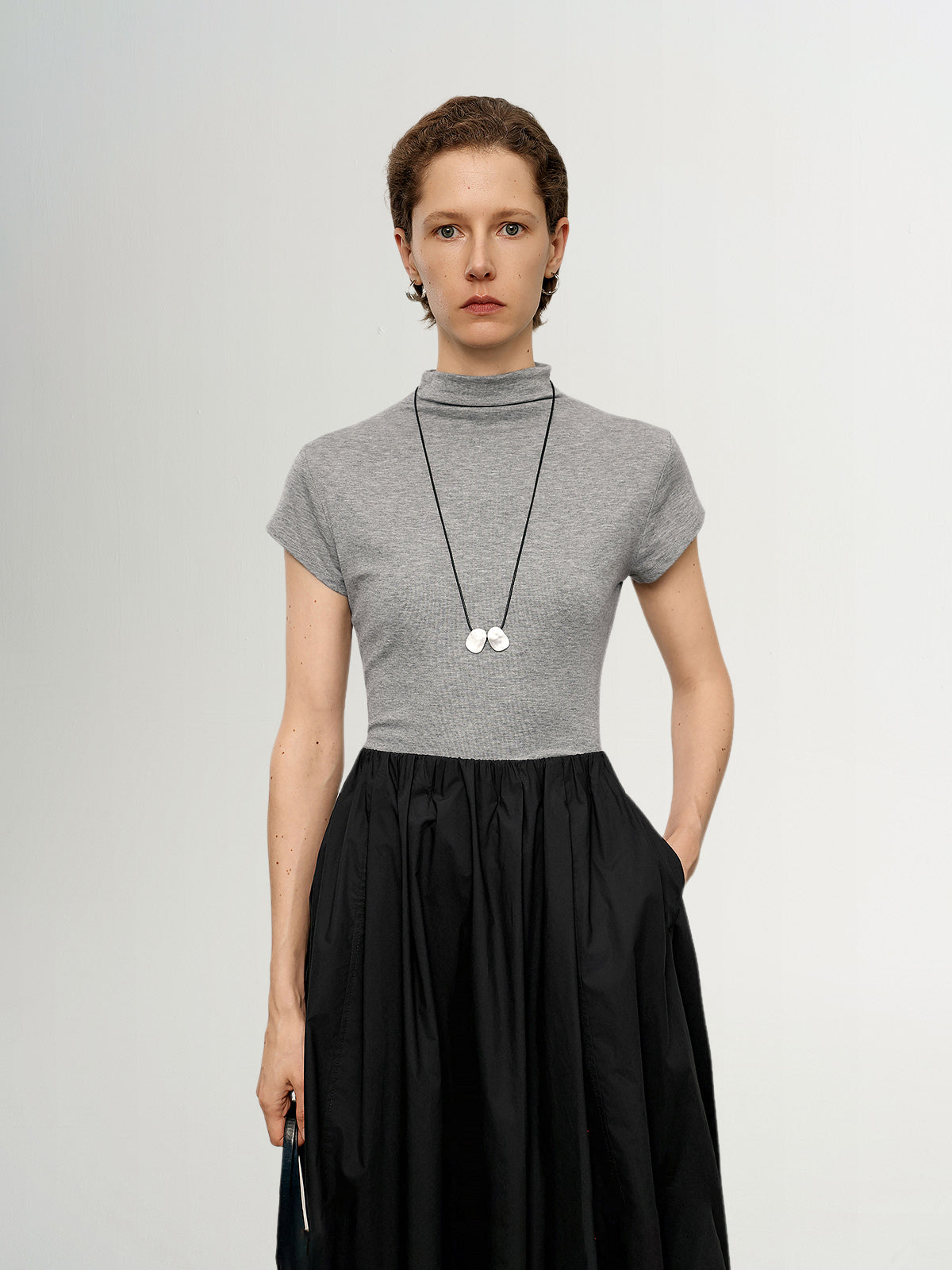 Lyocell Structured Shoulder Mock Neck Short Sleeve Top