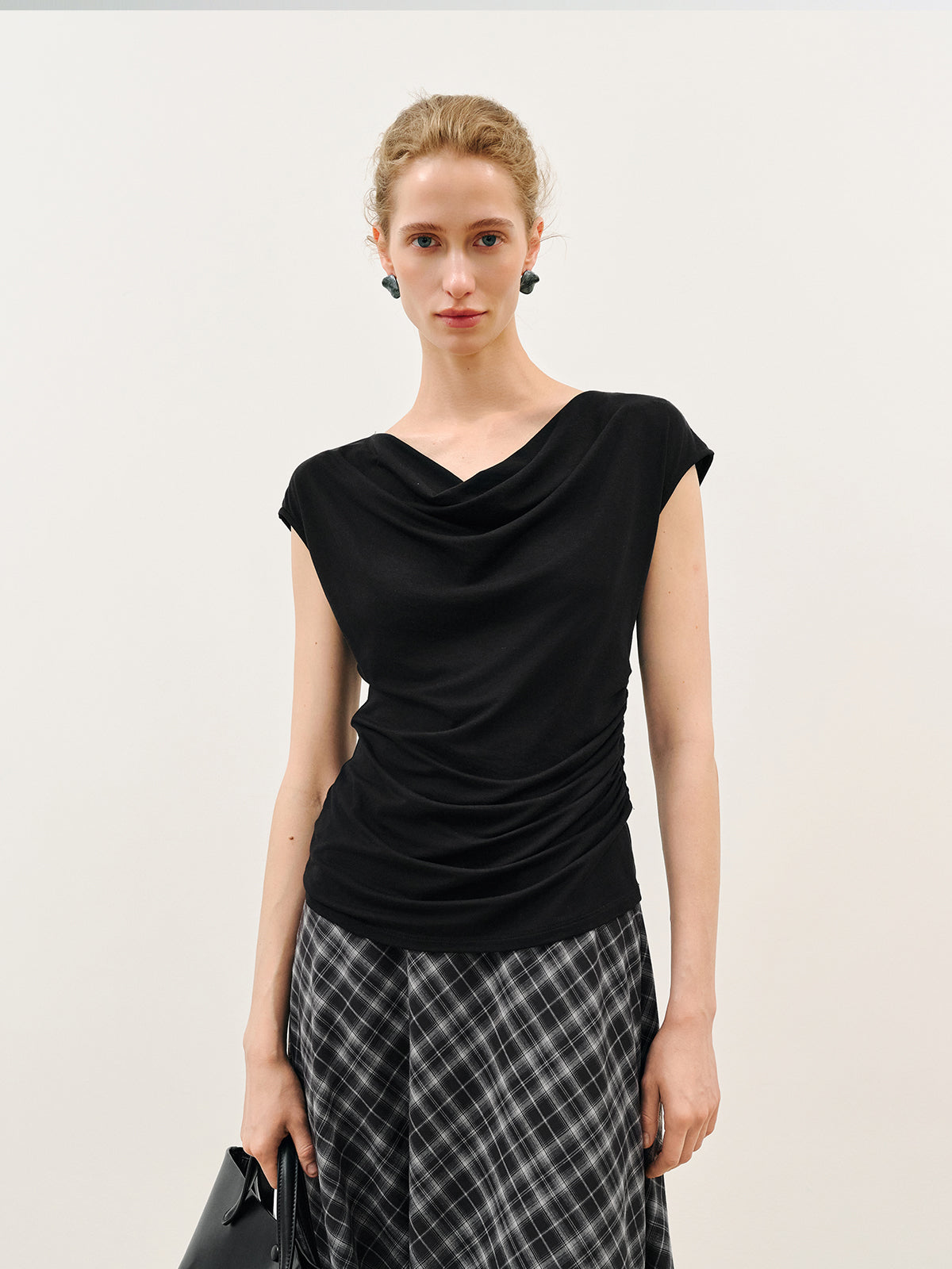 Lyocell Draped Neck Sleeveless Fitted Top